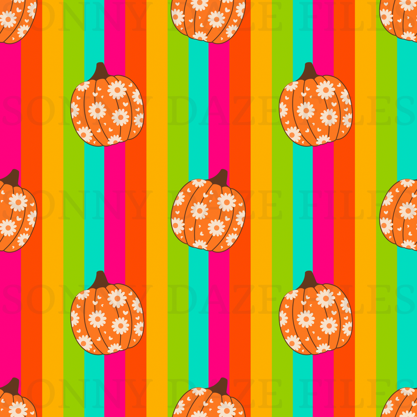 Floral pumpkin on rainbow stripes
