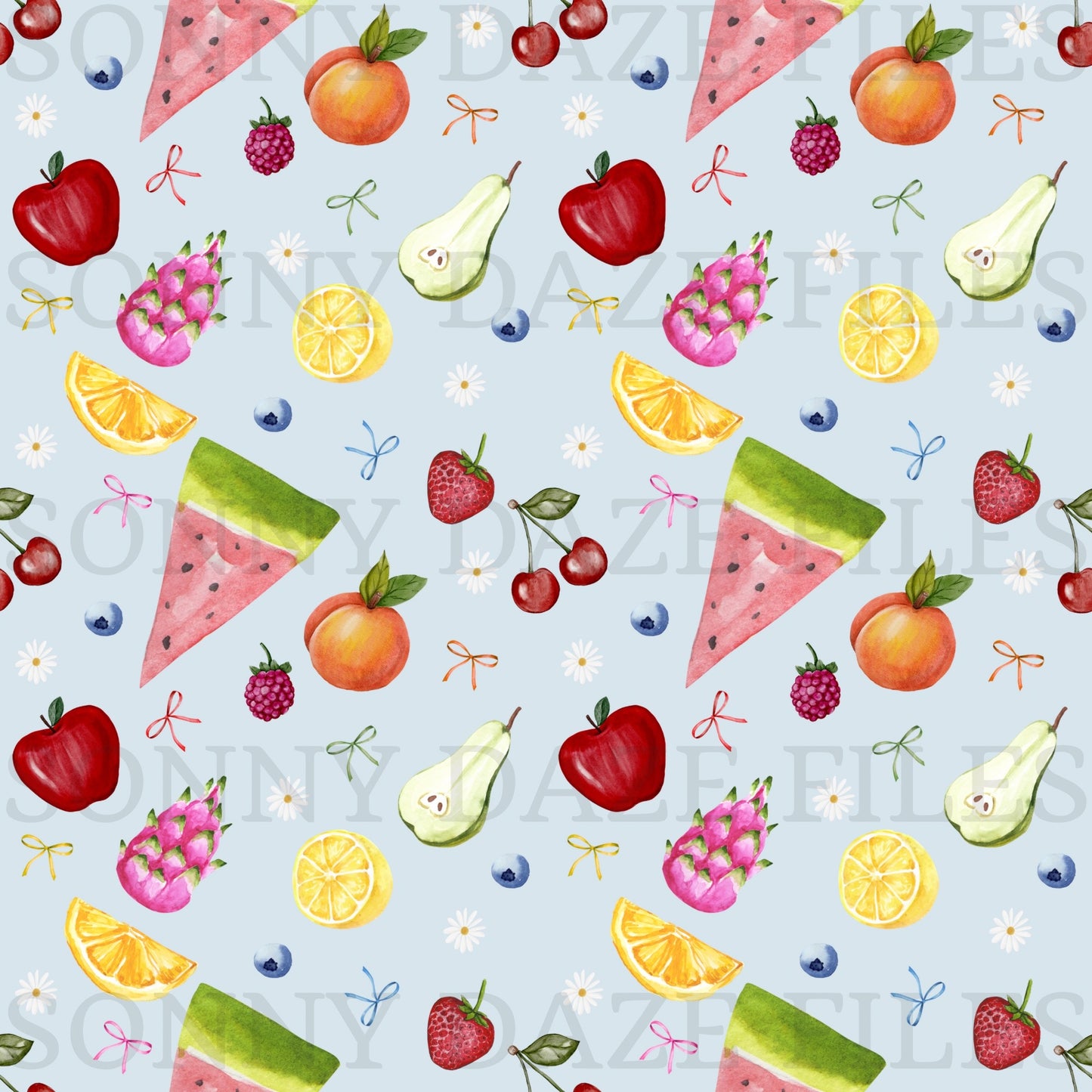 Fruits with bows and flowers
