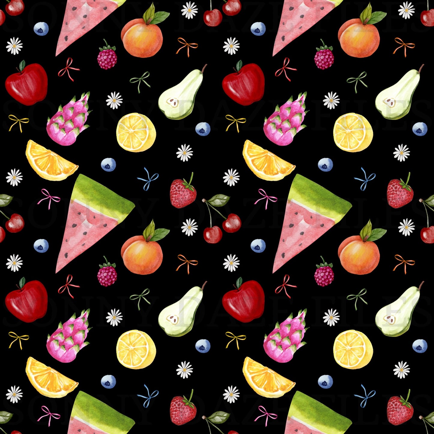 Fruits with bows and flowers