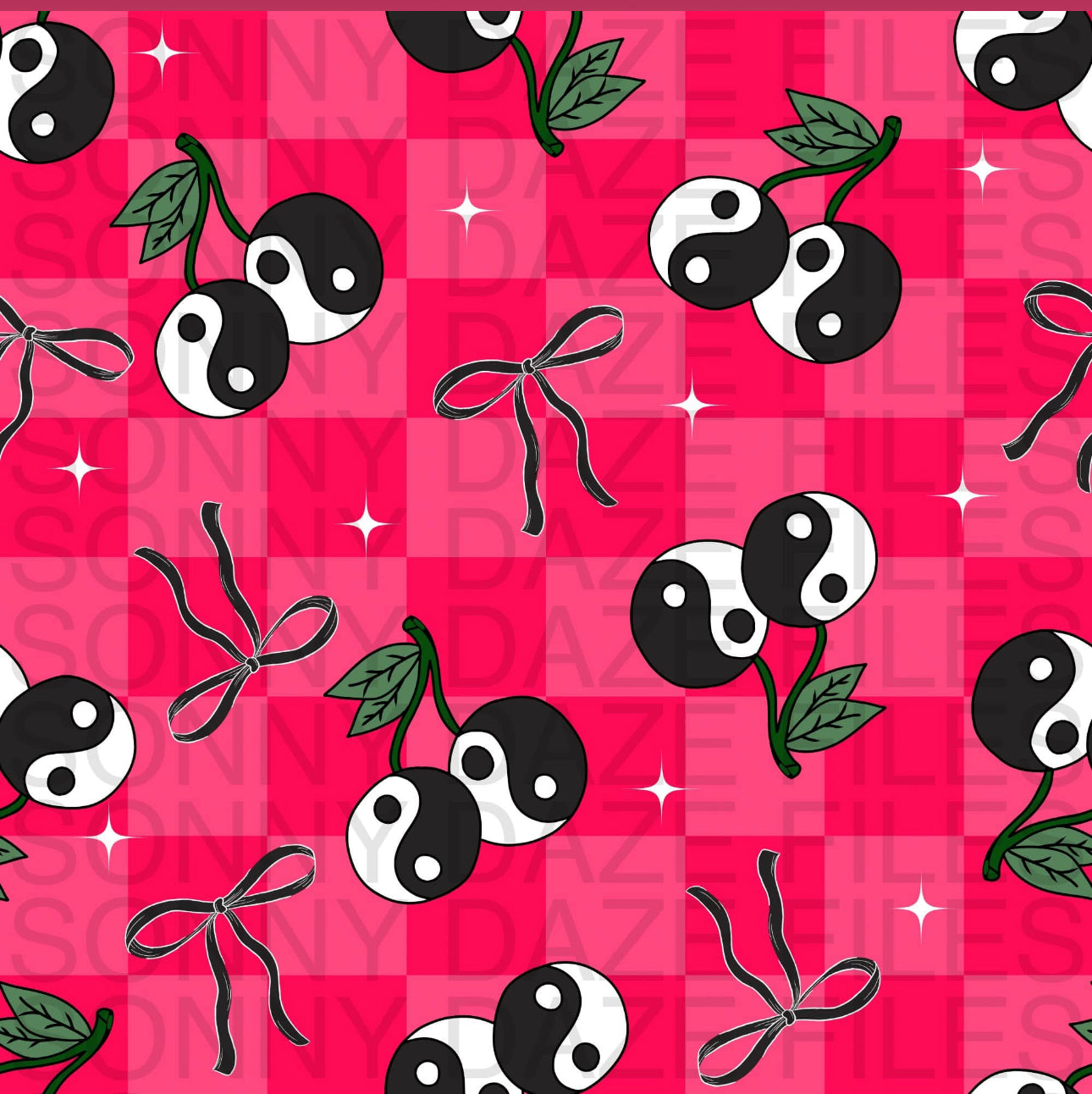Yin yang cherries and bows hot pink checkered
