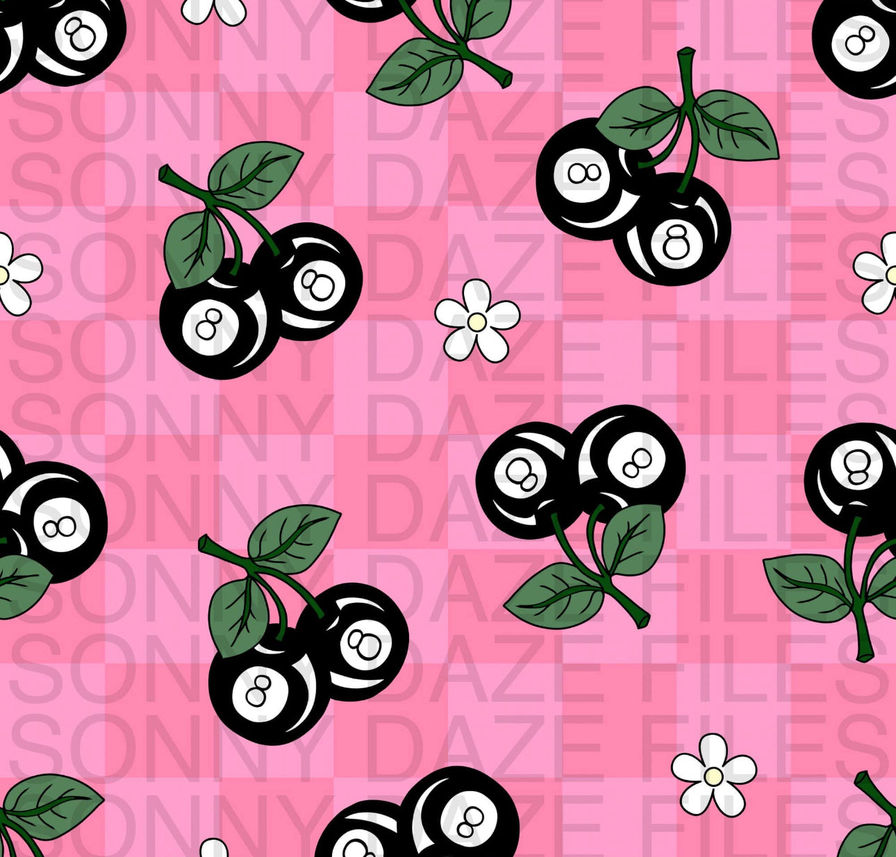 8 ball cherries and flowers pink checkered
