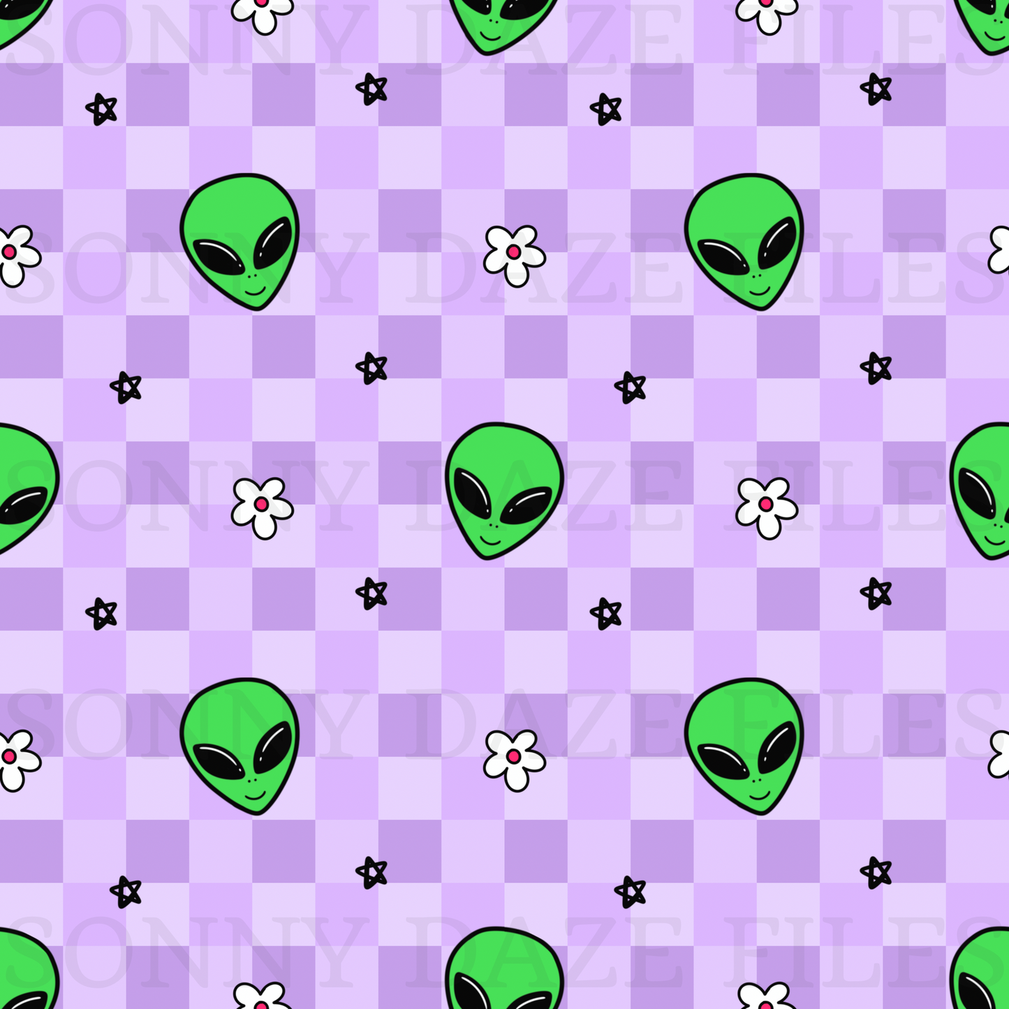 Aliens on purple checkered