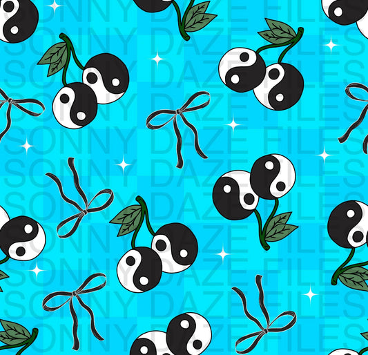 Yin yang cherries and bows blue checkered
