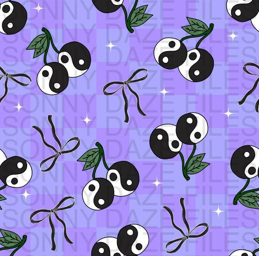 Yin yang cherries and bows purple checkered