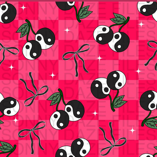 Yin yang cherries and bows hot pink checkered