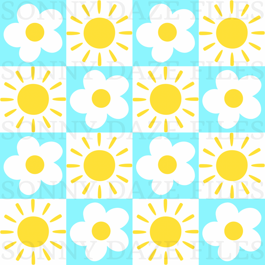 Checkered sun and flowers