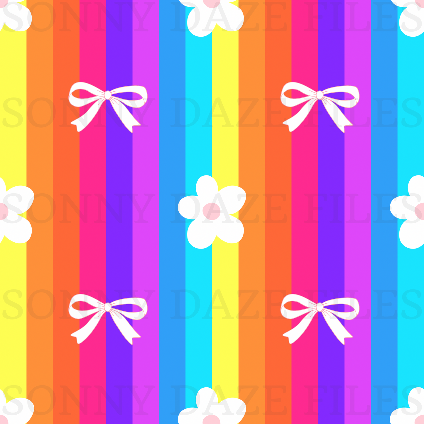 Coquette bows and flowers on rainbow stripes
