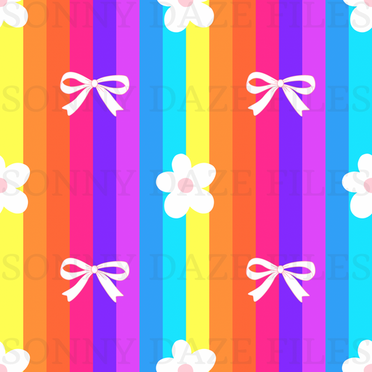 Coquette bows and flowers on rainbow stripes