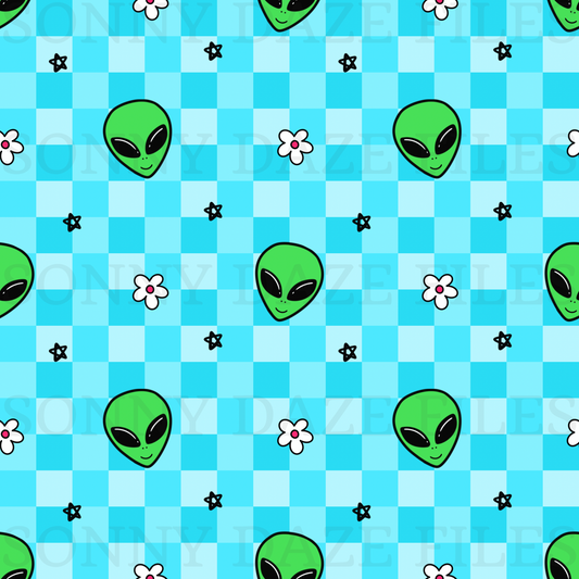 Aliens on blue checkered