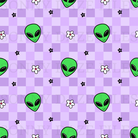 Aliens on purple checkered