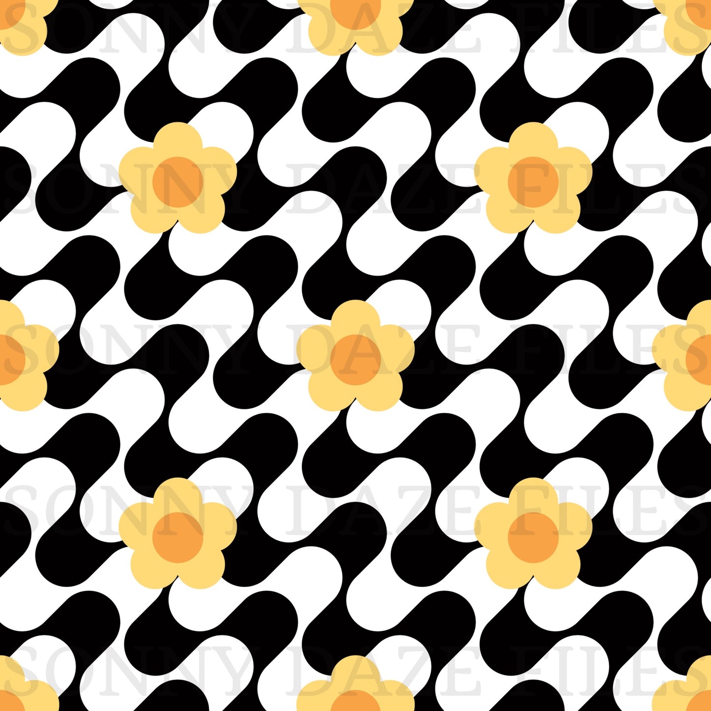 Retro wavy stripes and flowers