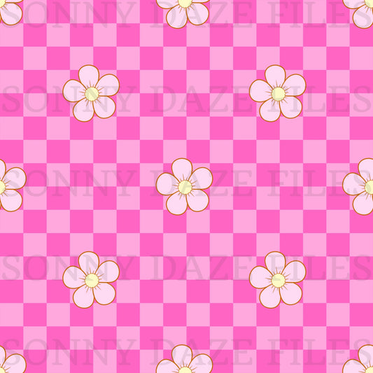 Simple pink flowers on checkered