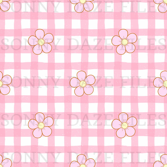 Simple pink flowers on gingham